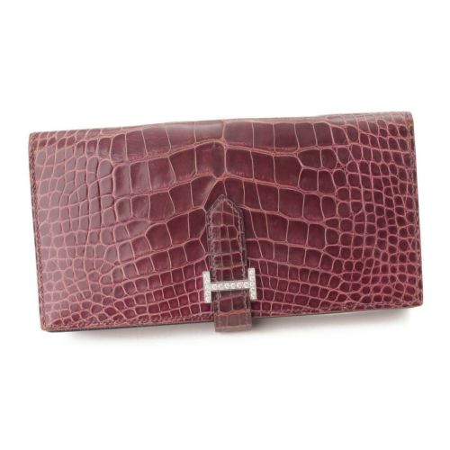 エルメス(Hermes) ベアンスフレ クロコダイル 長財布 ダイヤ □P刻 オーベルジーヌ