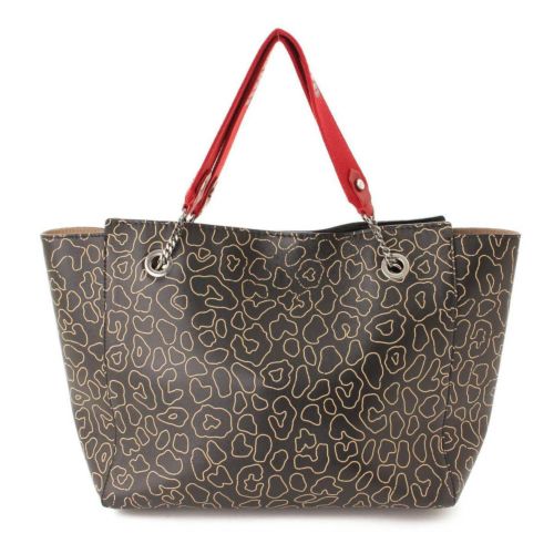 ジミーチュウ(Jimmy Choo) レオパード柄 FLO レザー チェーン トートバッグ ブラック×レッド
