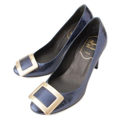 ロジェヴィヴィエ(Roger Vivier) レザー スクエアバッグル ラウンドトゥ ヒールパンプス ブルー 34