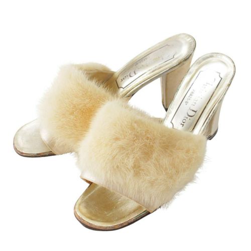 【ディオール】DIOR ミンクファー レザー ヒール サンダル ミュール ゴールド×ベージュ 4 1/2 【中古】【鑑定済・正規品保証】198545