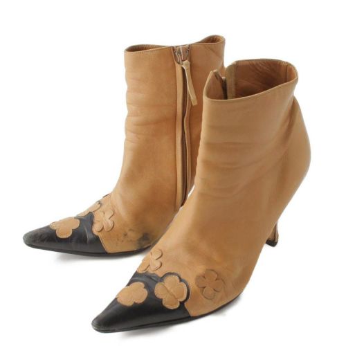 シャネル ココマーク クローバー ポインテッドトゥ サイドジップ ショートブーツ ベージュ 36