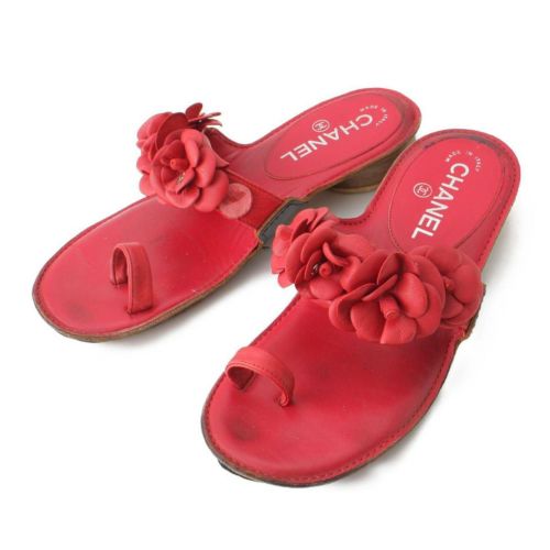 【シャネル】Chanel　14P ココマーク カメリア レザー フラットサンダル G29783 レッド 37 【中古】【鑑定済・正規品保証】198557