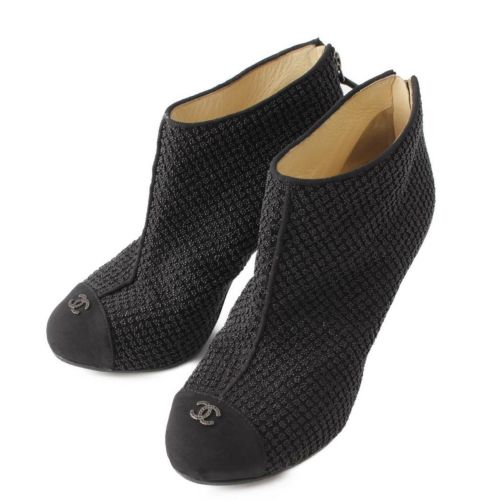 【シャネル】Chanel　ココマーク ビーズ ファブリック レザー ショートブーツ ブラック 36 【中古】【鑑定済・正規品保証】198546