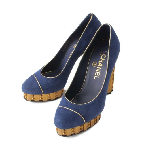 【シャネル】Chanel　13C ココマーク 厚底 スエード パンプス G28782 ネイビーブルー×ゴールド 【中古】【鑑定済・正規品保証】198551