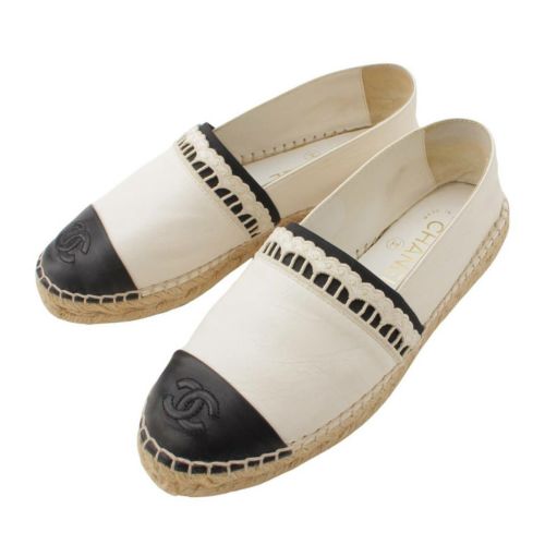 【シャネル】Chanel　ココマーク レザー エスパドリーユ バイカラー シューズ G34431 ホワイト 36 【中古】【鑑定済・正規品保証】198528