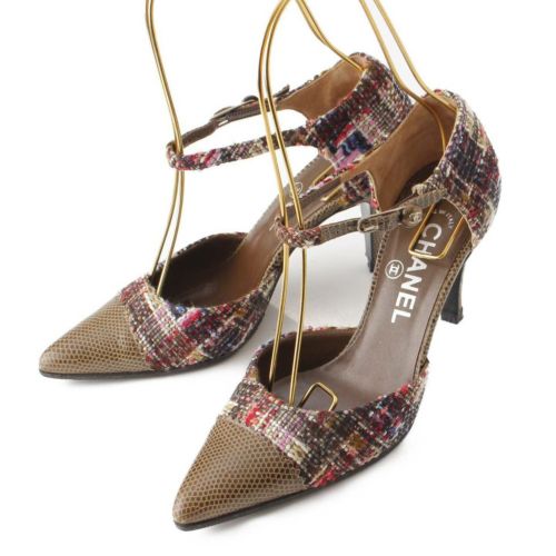 シャネル ツイード×リザード ポインテッドトゥ ストラップ パンプス マルチカラー 36