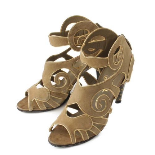 【シャネル】Chanel　11A シェルヒール スエード サンダル G27856 カーキ×ゴールド 36 1/2 【中古】【鑑定済・正規品保証】198544