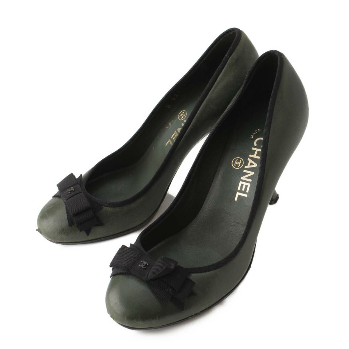 【シャネル】Chanel　ココマーク リボン レザー アーモンドトゥ パンプス G27191 カーキ 36 1/2 【中古】【鑑定済・正規品保証】198561