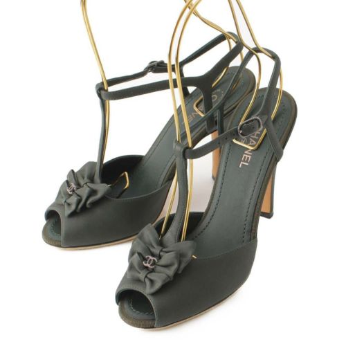 【シャネル】Chanel　13P ココマーク リボン レザー Tストラップサンダル G28652 グリーン 36 1/2 【中古】【鑑定済・正規品保証】198554