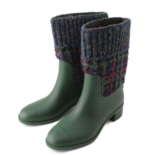 シャネル ココマーク ラバー ニット 切替 ショートブーツ グリーン 38