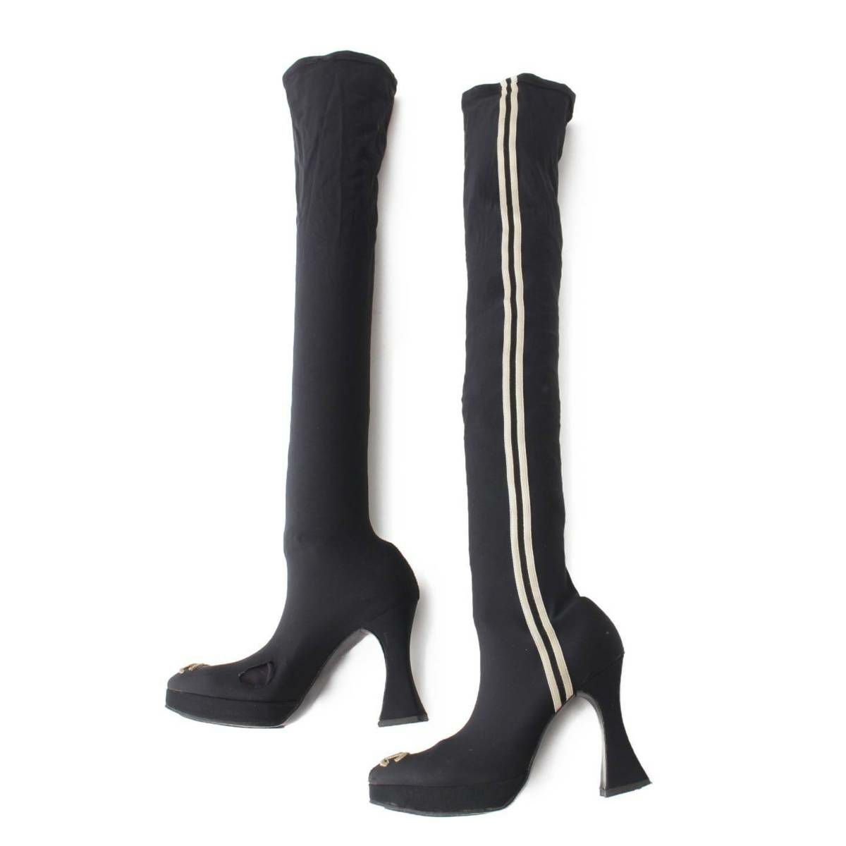 【シャネル】Chanel　サイドライン ココマーク ソックス ロングブーツ ブラック 【中古】【鑑定済・正規品保証】198555