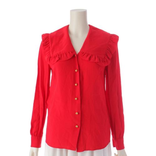ミュウミュウ Miu Miu 19年 シルク フリル 大襟 長袖 ブラウス シャツ MK1395 レッド 36