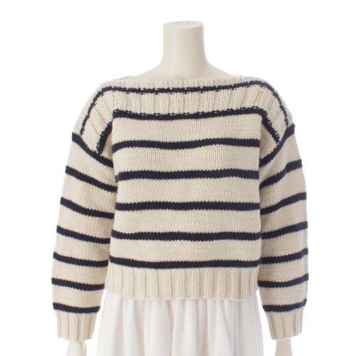 セリーヌ 23SS カシミヤ×ウール ボートネック ボーダー ニットセーター ホワイト×ブラック XS