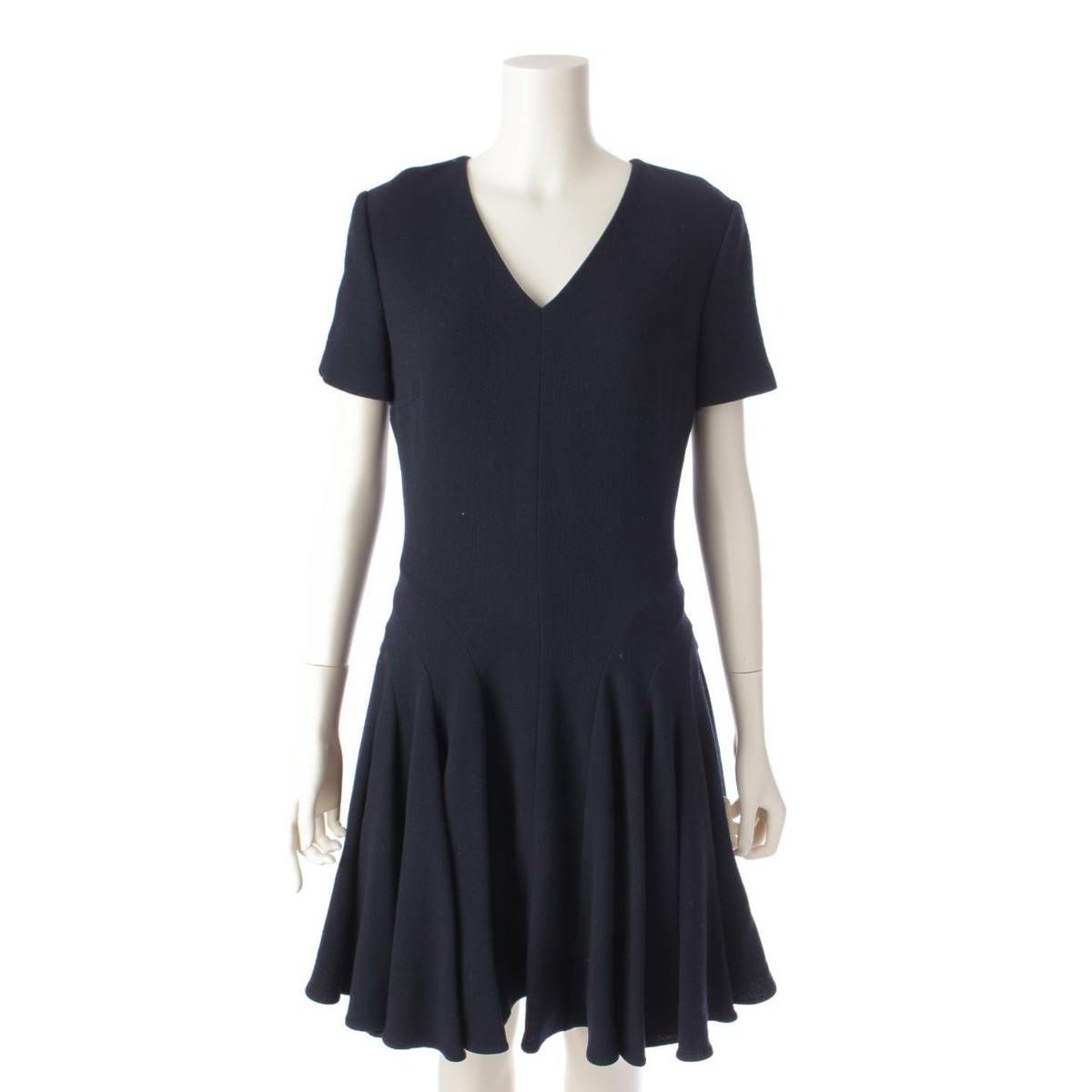 ディオール DIOR ウール Vネック 半袖 バックジップ ドレス ワンピース 6C21618A1110 ネイビー 38
