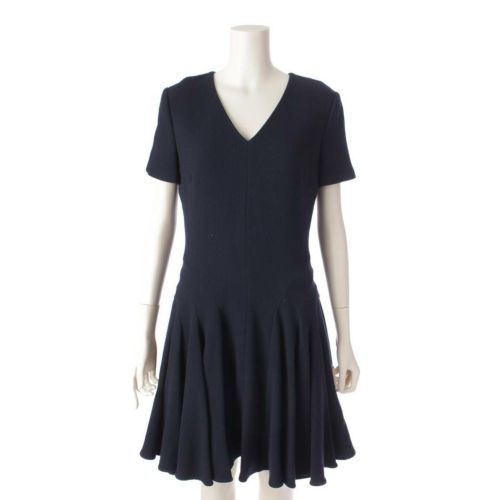 ディオール DIOR ウール Vネック 半袖 バックジップ ドレス ワンピース 6C21618A1110 ネイビー 38