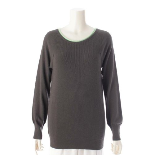 エルメス クルーネック カシミヤ100% ニット セーター カーキ×グリーン 34