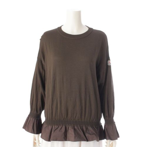 モンクレール Moncler 18年 ヴァージンウール フリル ロゴワッペン ニット セーター カーキ S