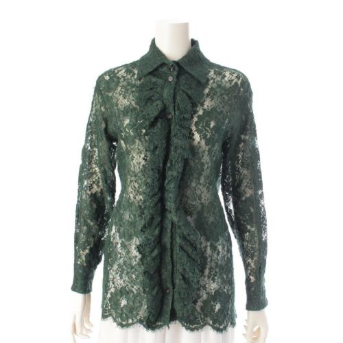 シャネル ライオンボタン カメリヤ 花柄 ウール×レーヨン レースシャツ ブラウス グリーン 34