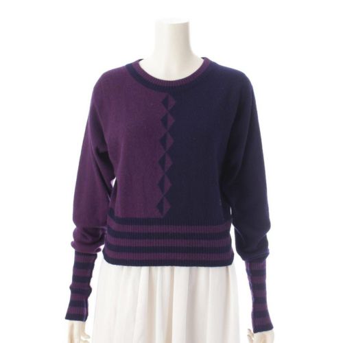 シャネル ヴィンテージ アーガイル クルーネック カシミヤ ニット セーター パープル×ネイビー