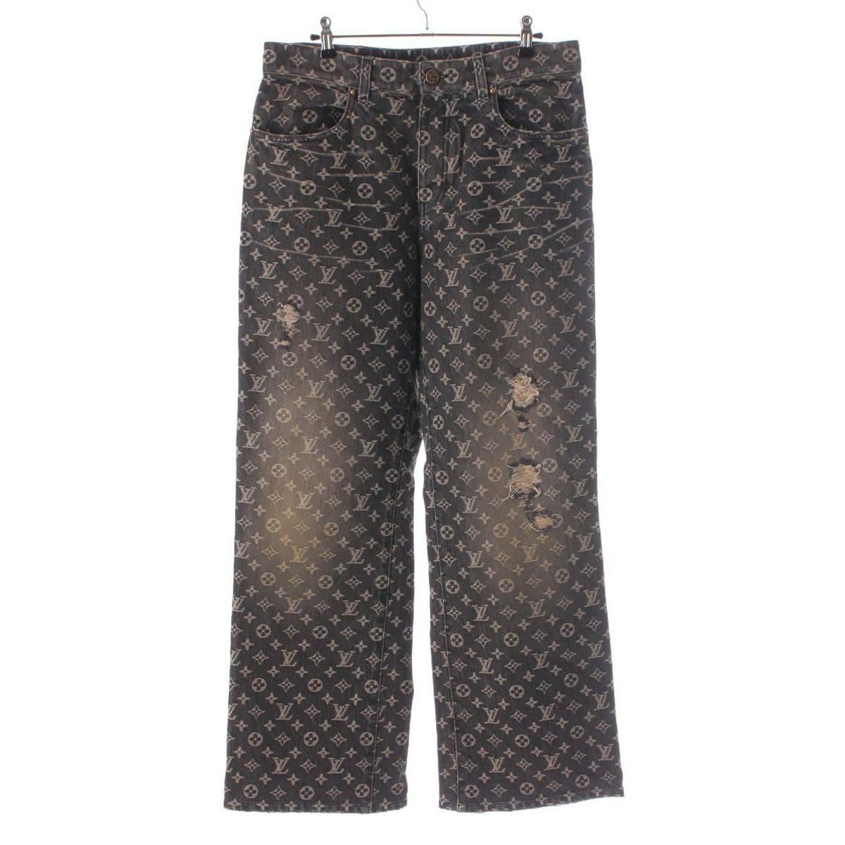 LOUIS VUITTON ルイ・ヴィトン ダメージ加工 デニム ストレート パンツ ブラック系 32【中古】