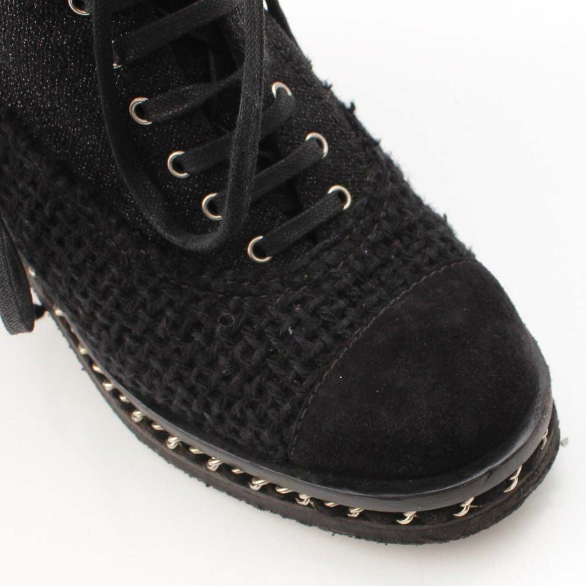 CHANEL ショートブーツ スエード ココ マトラッセ ブラック 38.5 シャネル ココマーク マトラッセ スエード ウール チェーン