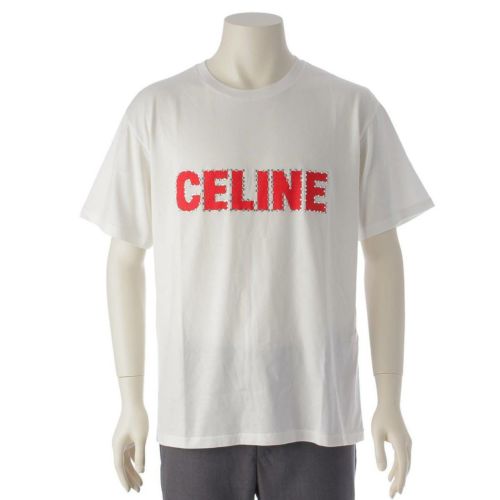 セリーヌ メンズ 23年 ロゴ ラインストーン コットン ルーズ Tシャツ 2X15M671Q ホワイト XS