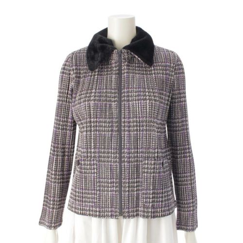 プリーツプリーズ イッセイミヤケ PLEATS PLEASE ISSEY チェック ライトアウター ジャケット ファー切替 PP83-JC454 パープル×グレー 3