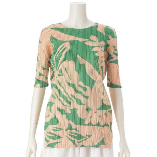 プリーツプリーズ イッセイミヤケ PLEATS PLEASE ISSEY クルーネック 半袖 プリント カットソー PP93-JK691 グリーン×サーモンピンク 3