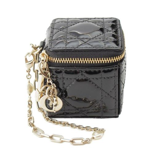 ディオール DIOR レディディオール エナメル チェーン チャーム付き キューブ ポーチ ブラック