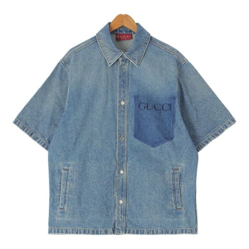 グッチ 24年 メンズ ロゴ ウォッシュド デニム シャツ Gジャン 785759 ブルー 44【中古】【正規品保証】