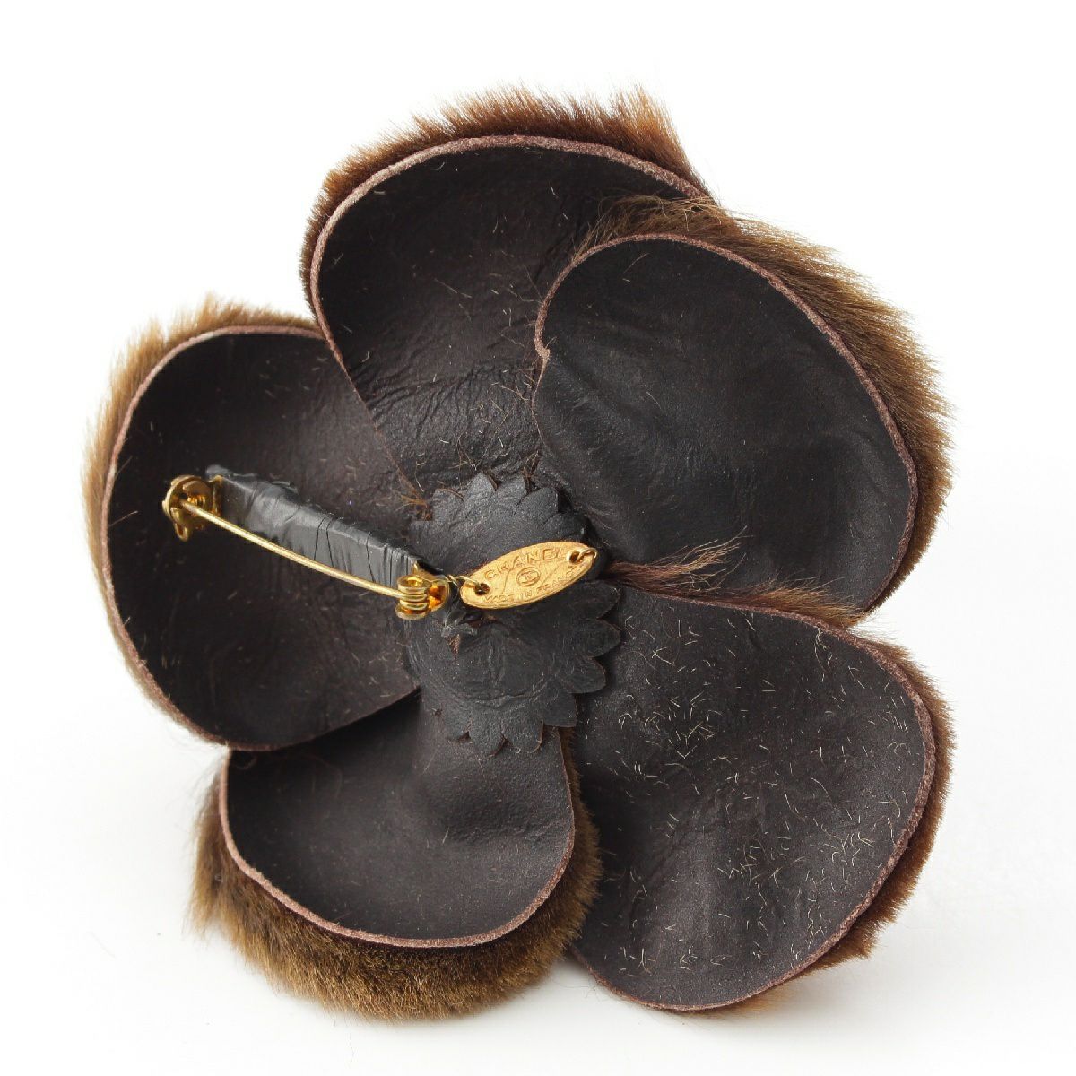 ヴィンテージCHANEL ブラウン　カメリア　コサージュ シャネル ファー カメリア ブローチ コサージュ ゴールド金具 ブラウン