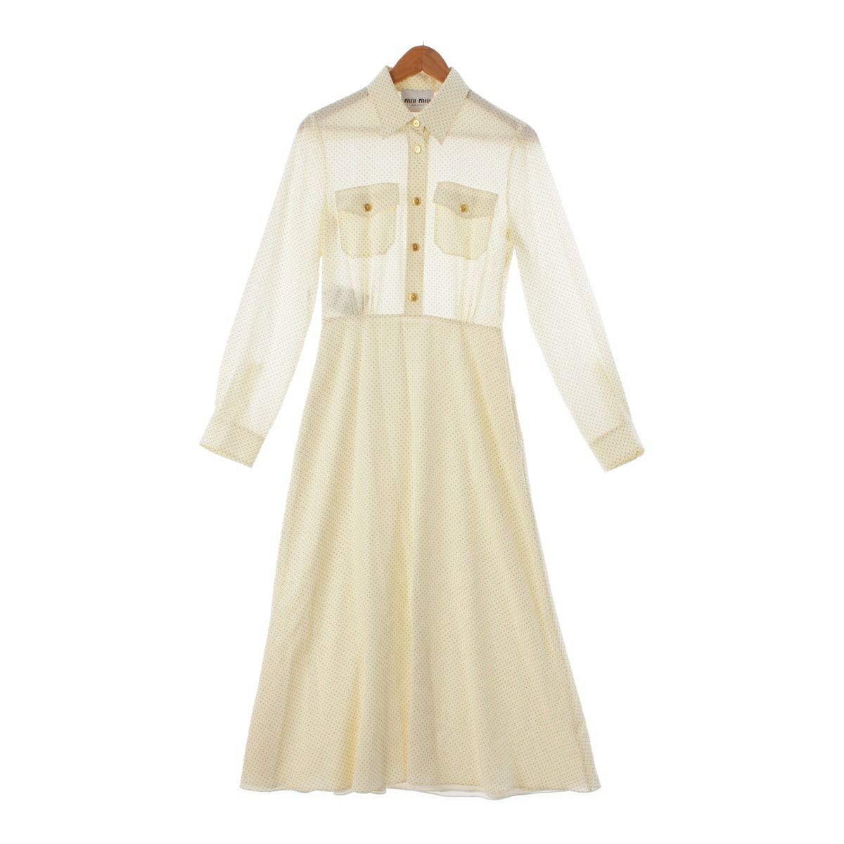 ミュウミュウ 23SS シルク ドット クレープ デ シン ロング ワンピース ドレス MF5274 アイボリー ブラック 40