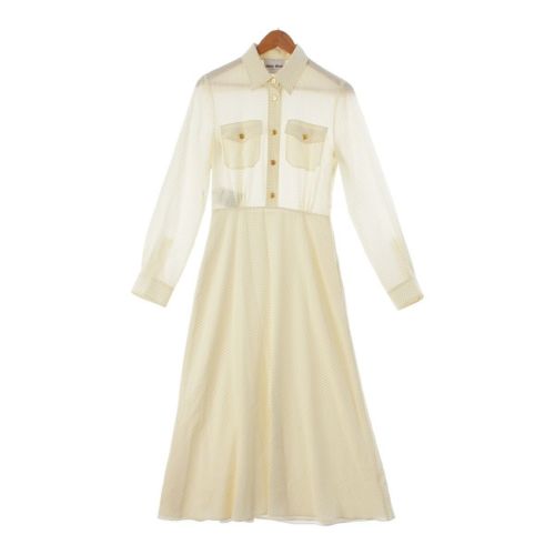 ミュウミュウ 23SS シルク ドット クレープ デ シン ロング ワンピース ドレス MF5274 アイボリー ブラック 40