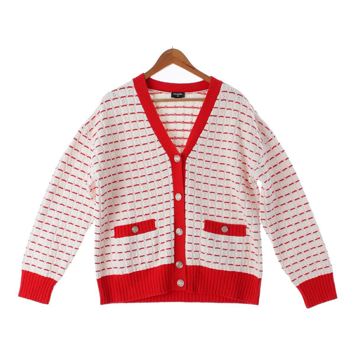 シャネル 23SS コットン ラインストーン ビジューボタン 長袖 ニット カーディガン トップス P74152 ホワイト レッド 38