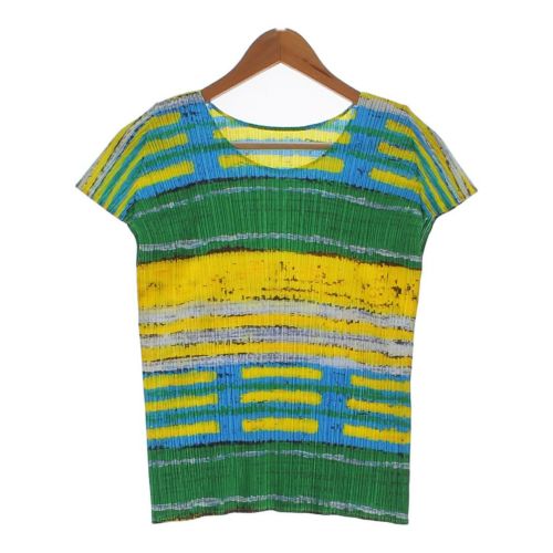 プリーツプリーズ イッセイミヤケ 総柄 半袖 カットソー トップス Tシャツ PP21‐JK683 グリーン系マルチカラー 3