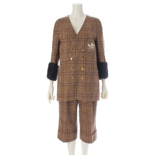 グッチ アディダス Prince Of Wales ロゴ ダブルジャケット パンツセットアップ 千鳥 チェック柄 ブラウン 38