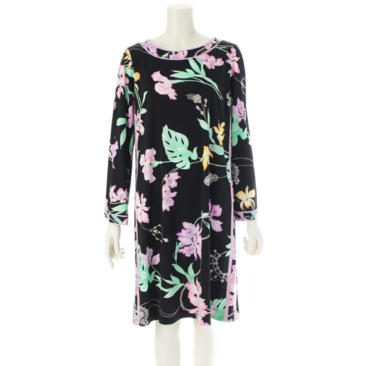 レオナール アセテート カンカン素材 ラウンドネック 花柄 ワンピース