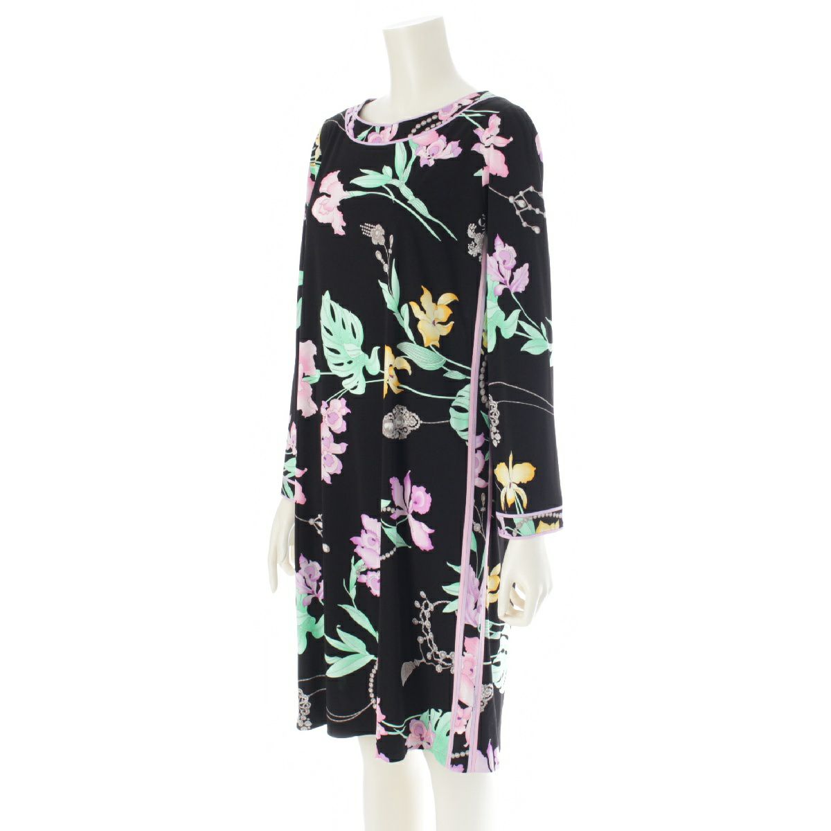 レオナール アセテート カンカン素材 ラウンドネック 花柄 ワンピース