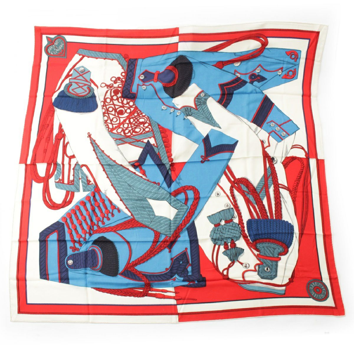 Hermes カレジェアン 140 シルク×カシミヤ スカーフ Zouaves et Dragons Bandana オレンジ (193403