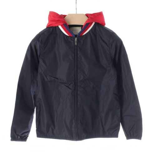 グッチ ナイロン バックロゴ フーディ ブルゾン ジャケット アウター ネイビー×レッド 10