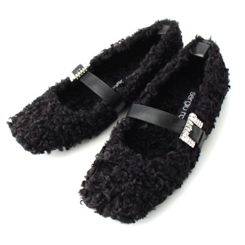 セルジオロッシ SR TWENTY BUCKLE ファー バレリーナ ビジュー フラット シューズ パンプス ブラック 38