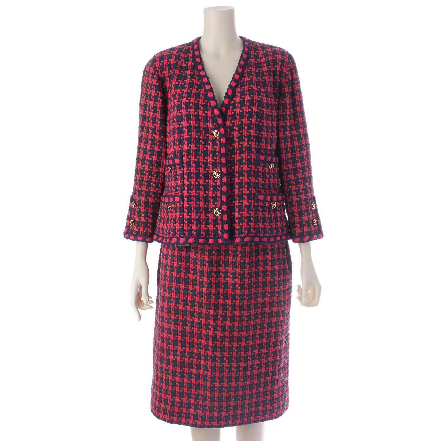 シャネル ブティック コットン ツイード ココボタン 千鳥格子柄 トリム  