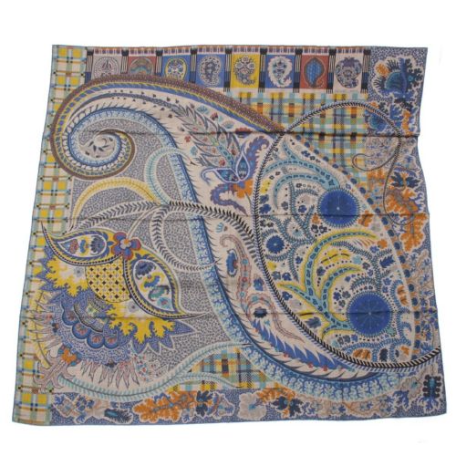 エルメス カシミヤ×シルク カレジェアン 140 Paisley Blossom ペイズリー ブロッサム ストール 大判 スカーフ ブルー