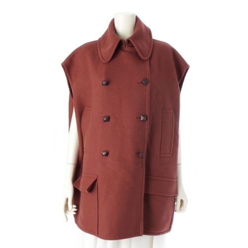 エルメス カシミヤ ダブルフェイス メドールボタン ノースリーブ ジャケット ジレ ショートコート アウター ブラウン 34