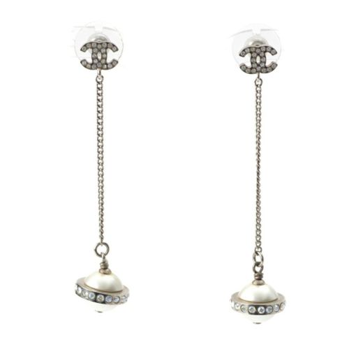 シャネル 17K ココマーク ラインストーン ドロップ スイング ピアス イヤリング アクセサリー シルバー
