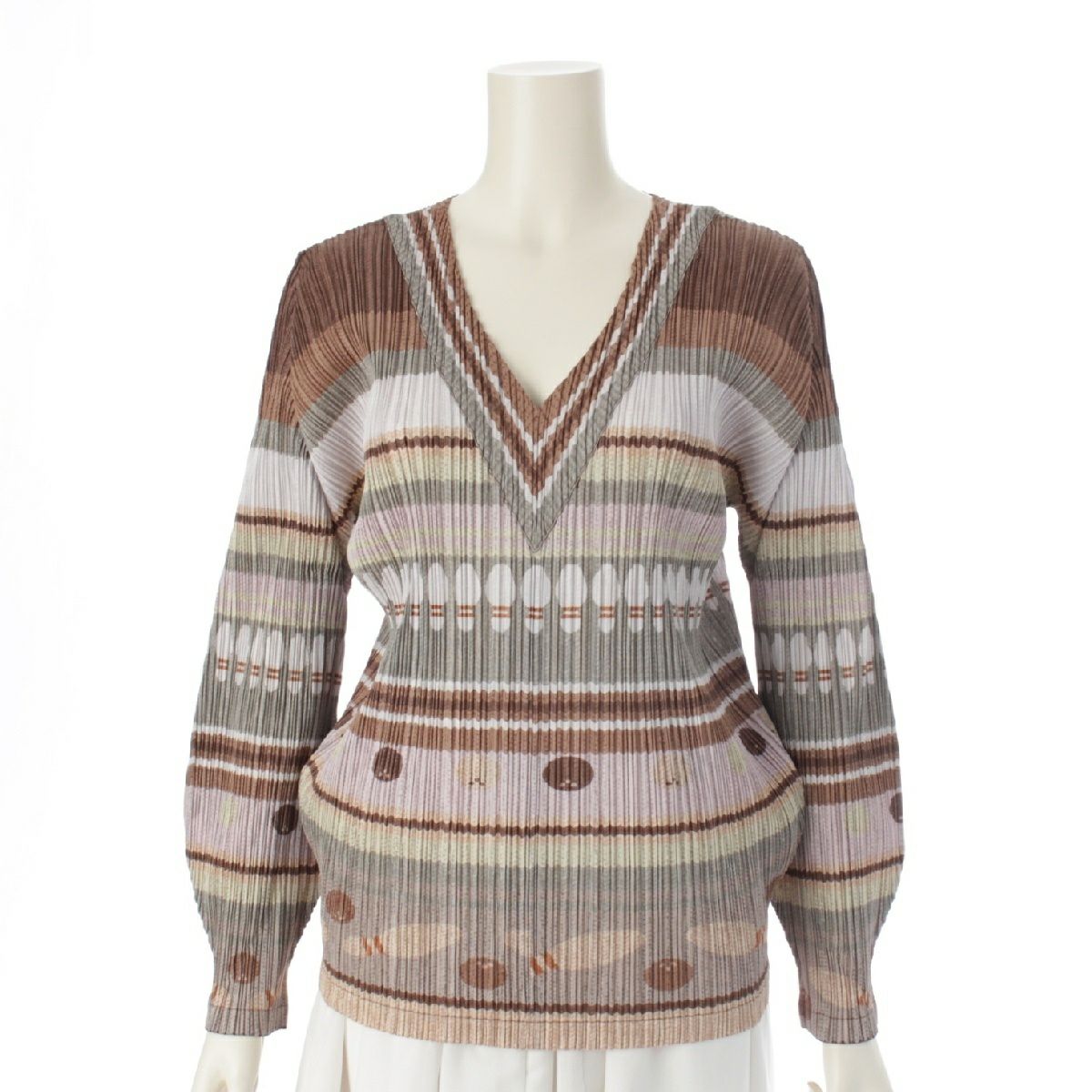 プリーツプリーズ イッセイミヤケ ボーリング柄 総柄 Vネック トップス  