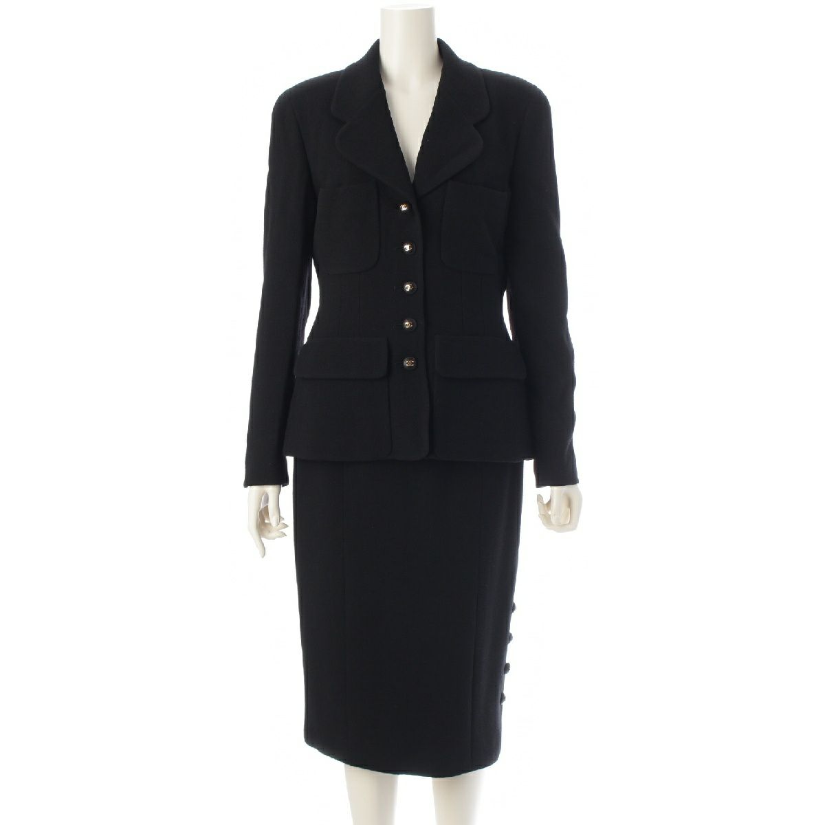 シャネル 93P ヴィンテージ ウール ツイード ココボタン タイト  