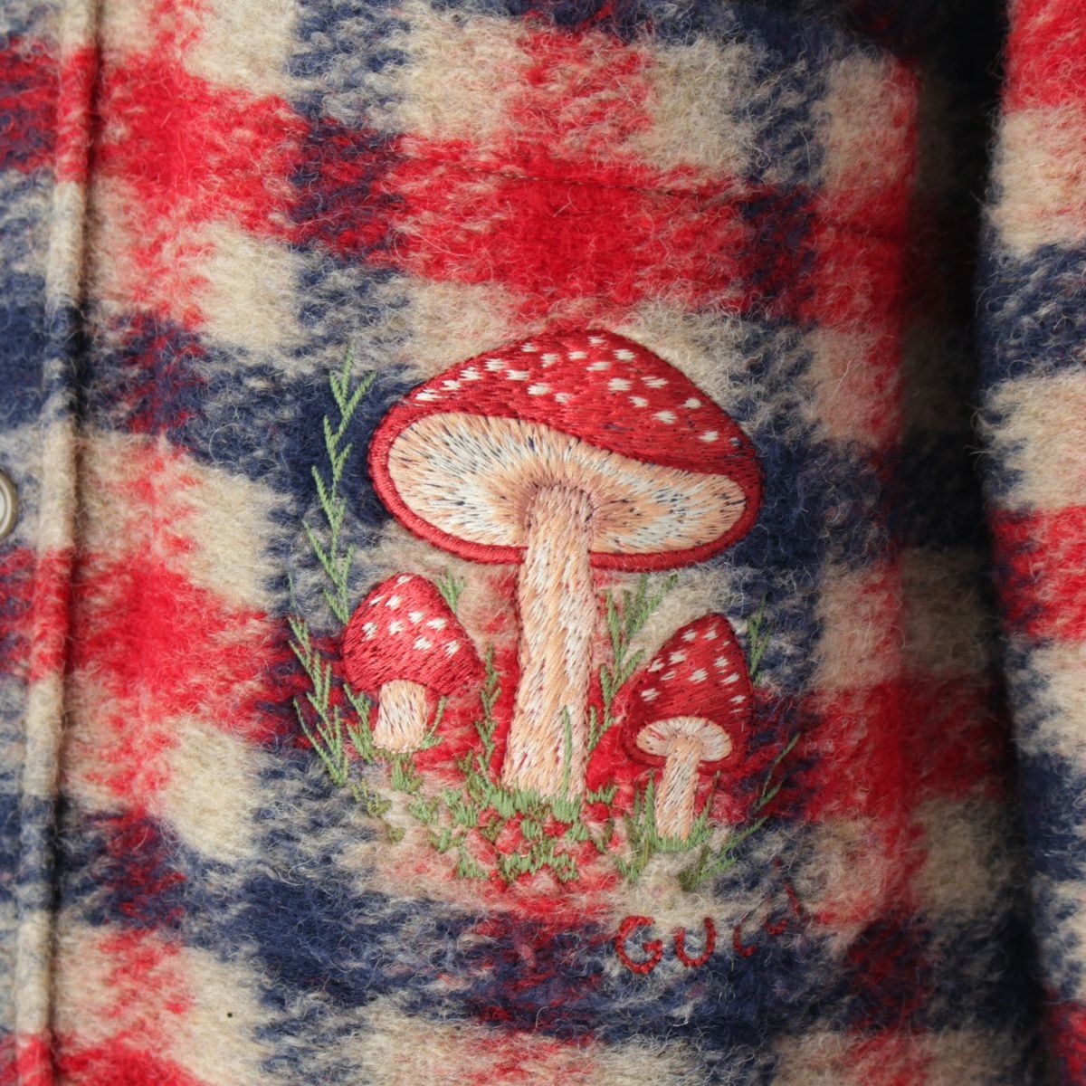 グッチ ウール マッシュルーム キノコ 刺繍 チェック柄 長袖