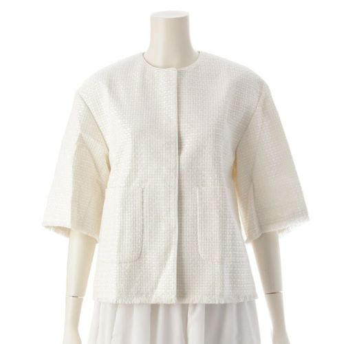 ドゥロワー 24SS SUMMER シルク フリンジショートスリーブ ノーカラー ブラウス トップス ジャケット 6521-299-1191 ホワイト