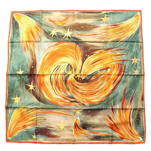 エルメス カレ90 シルク FEUX DU CIEL 天の火 スカーフ スター 星 絵画 オレンジ×ブルー